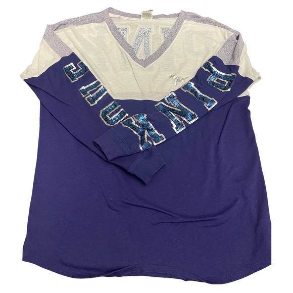 PINK Victoria's Secret Tops - PINK Victoria's Secret Long Sleeve V Neck Sequin Graphic Shirt LARGE Navy Blue